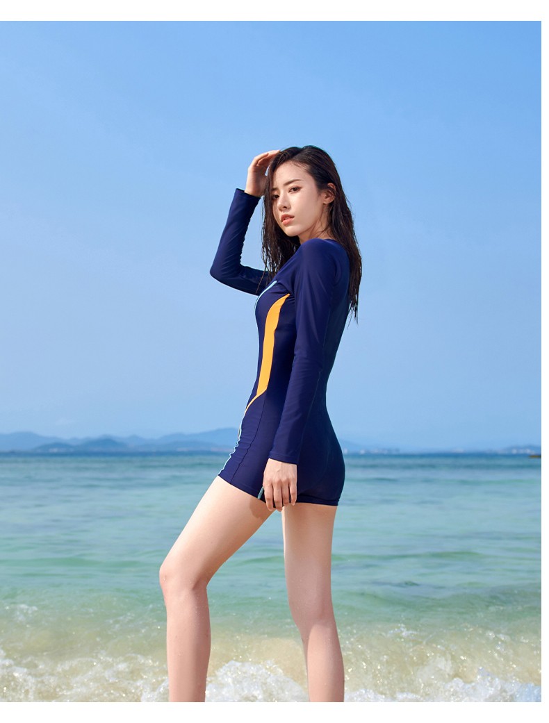 柯帛kebo大码泳衣女长袖连体平角潜水服女拉链显瘦修身水母衣藏蓝xl