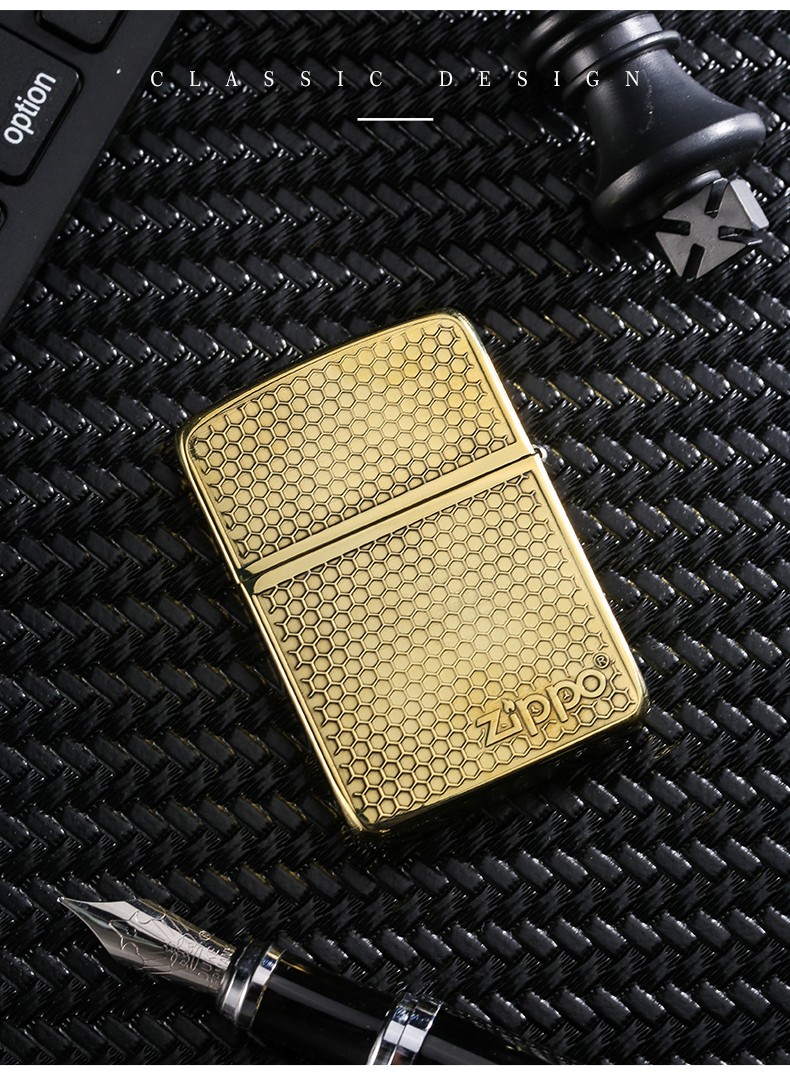 zippo打火机 之宝复刻版1941机型 金色铜机双面雕刻蜂窝 菱形格子zp