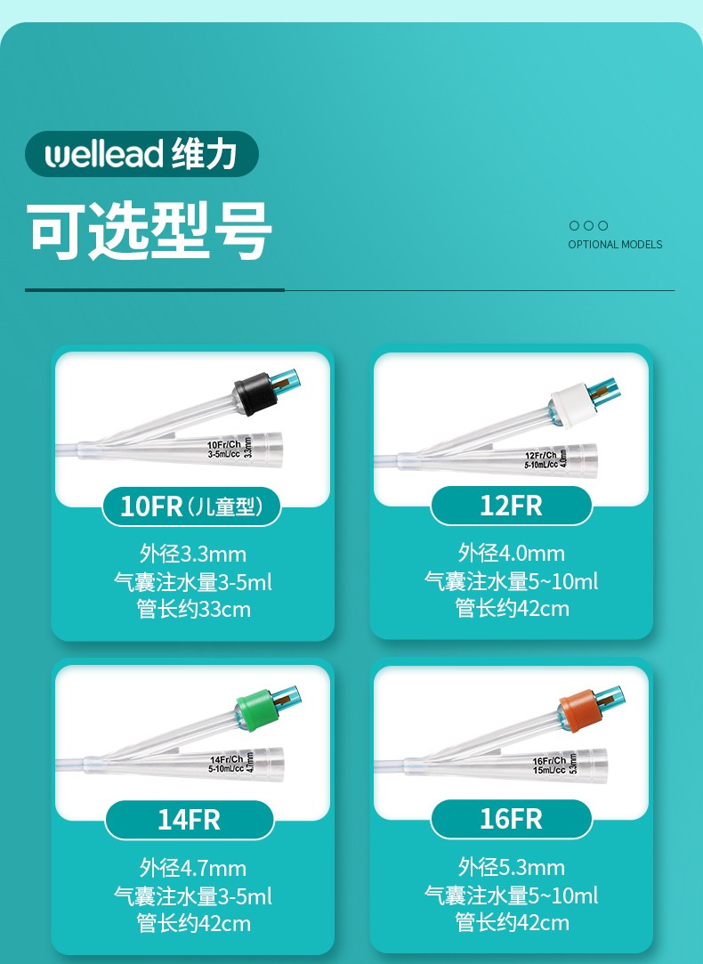wellead维力一次性使用双腔硅胶无菌导尿管成人男女16号18号20号22号