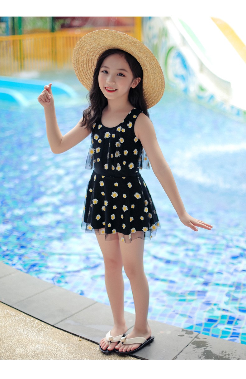 儿童连体泳衣女孩公主泳装女童小童中大童宝宝速干网纱无袖游泳衣黑色