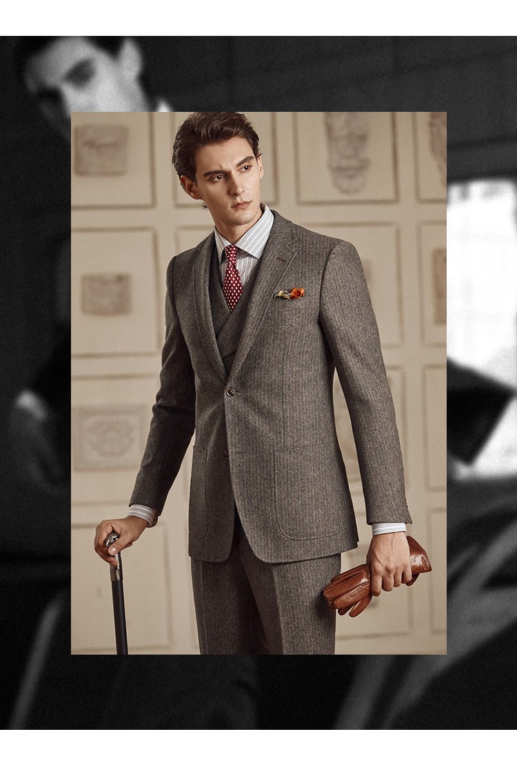 歌珀莱品牌男装西装男套装棕色羊毛复古英伦风礼服新郎结婚礼服英式