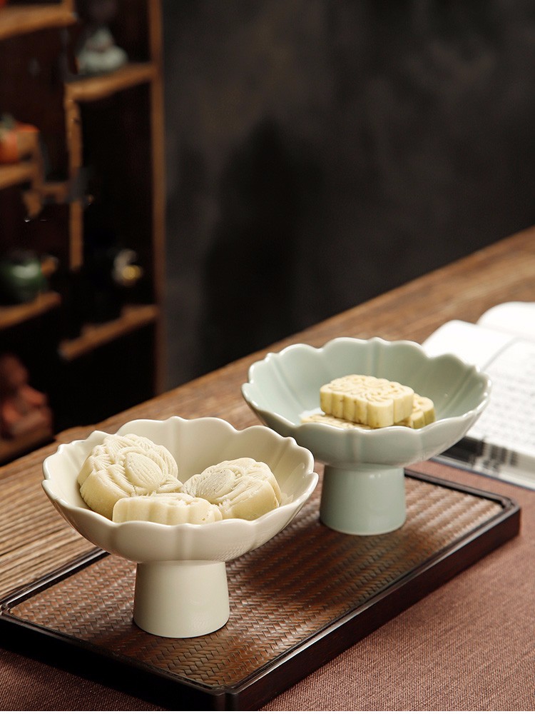 优凡优品复古中式陶瓷高足高脚盘日式点心茶点盘干果篮水果碟托盘供佛