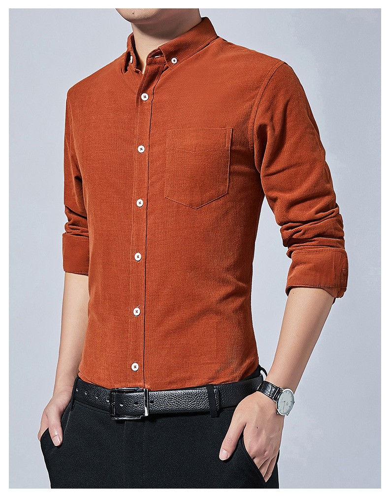 罗蒙纯棉长袖衬衫男士秋冬灯芯绒加厚长袖外套休闲宽松中青年男装衬衣