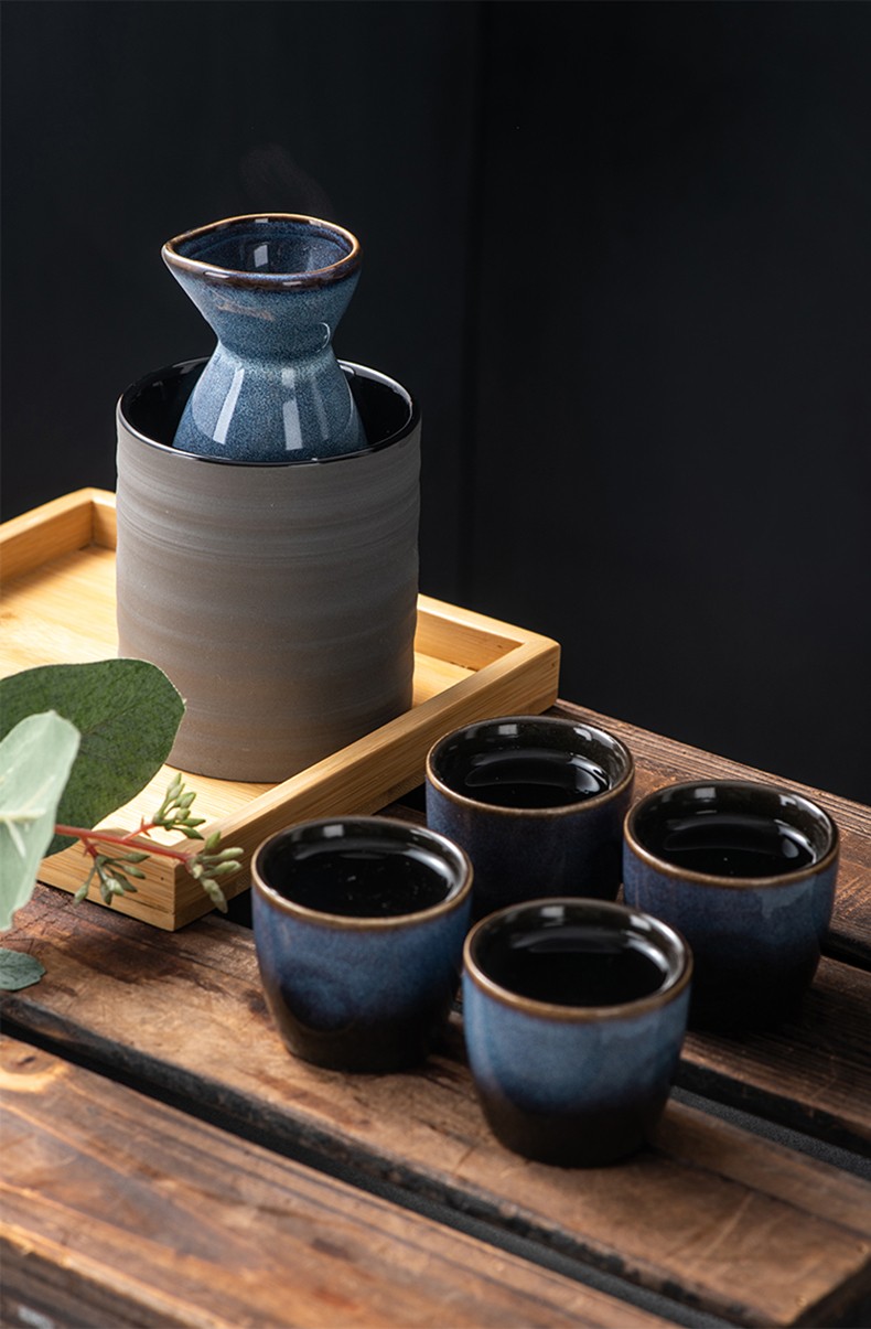 玻璃酒具果酒清酒杯子送父亲送长辈 日式陶瓷托盘酒具6件-(藏蓝色)