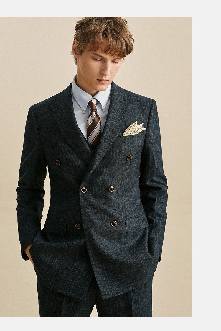 suitup西服套装男灰色条纹双排扣英伦商务休闲正装新郎结婚礼服修身三