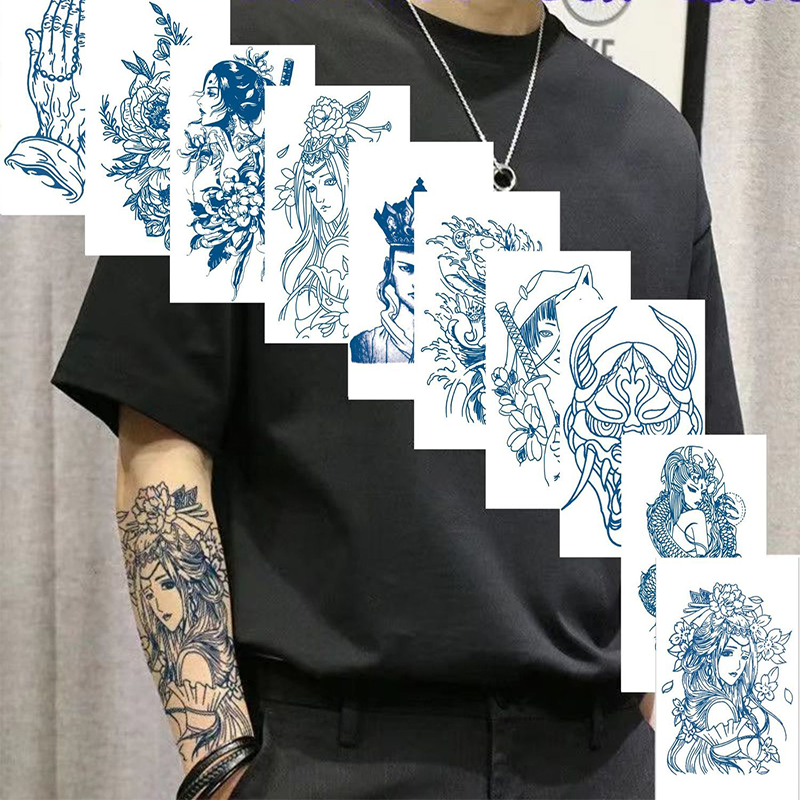 途尊kingtrip草本果汁线条刺青色艺伎花臂纹身贴半臂男女防水花臂