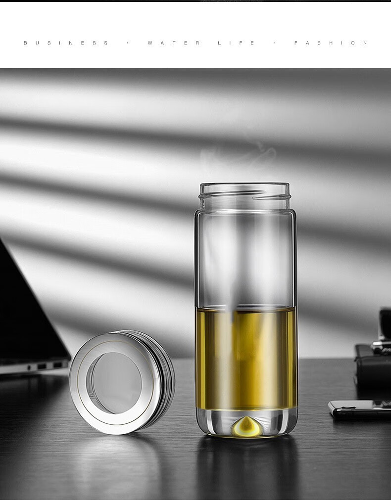 男士透明绿茶杯大容量带盖简约水杯女金尊400ml单层加厚升级带茶网款