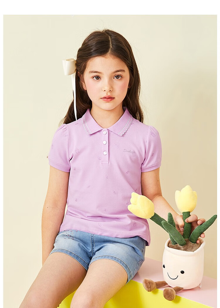 水孩儿童装女童polo衫短袖儿童t恤夏新款中大童女学院风薄浅丁香170
