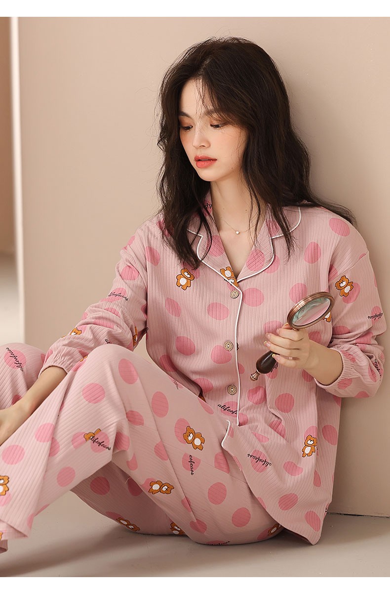 猫人睡衣女纯棉开衫长袖长裤甜美日系波点全棉休闲宽松女士家居服套装