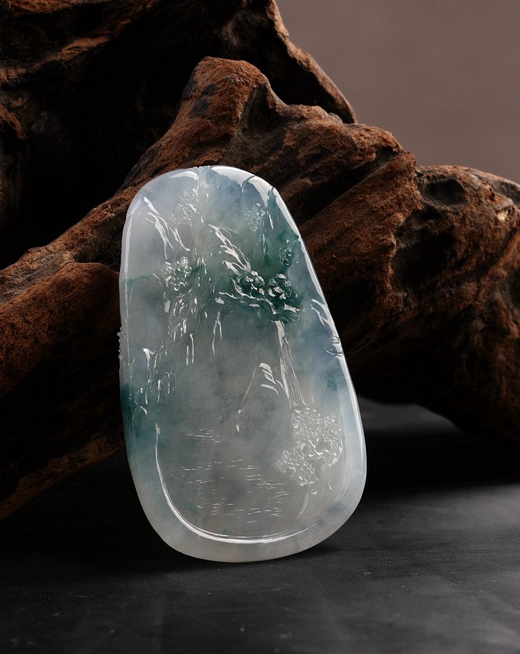 美学匠品】冰种飘蓝花意境江南山水牌 天然a货翡翠挂件91758