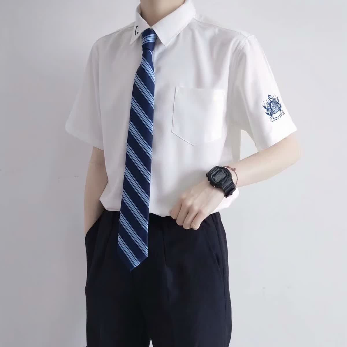 日系jkdk刺绣衬衫夏制服短袖黑白男女款情侣装上衣班服女士白色领带s