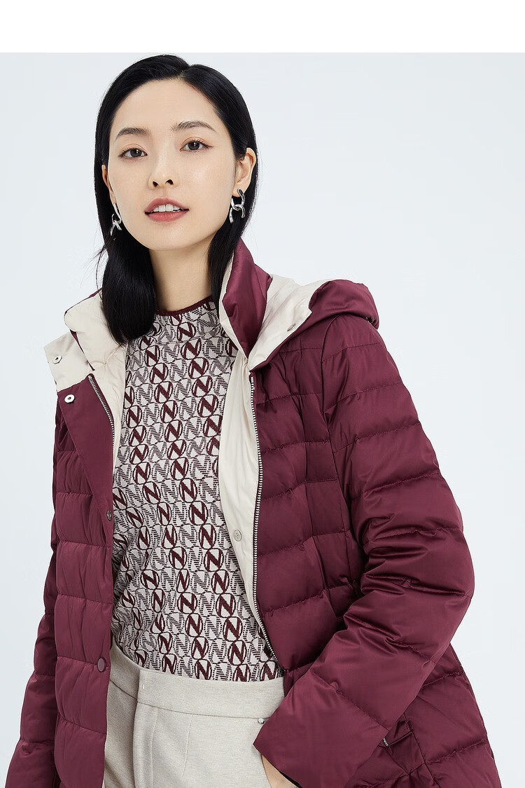 娜尔思白鸭绒连帽休闲中长款羽绒服女秋冬新款休闲保暖外套 深紫罗兰