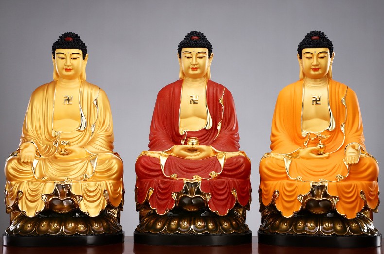 台湾佛源释迦佛纯铜鎏金药师佛像供奉家用阿弥陀佛三宝佛摆件19寸48