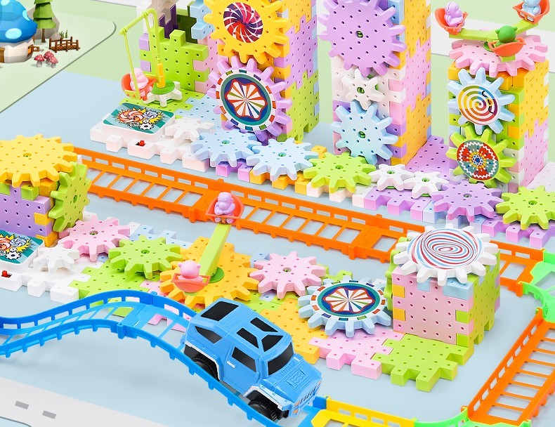 活石儿童电动拼装百变乐园积木玩具启蒙启智早教大颗粒齿轮轨道汽车