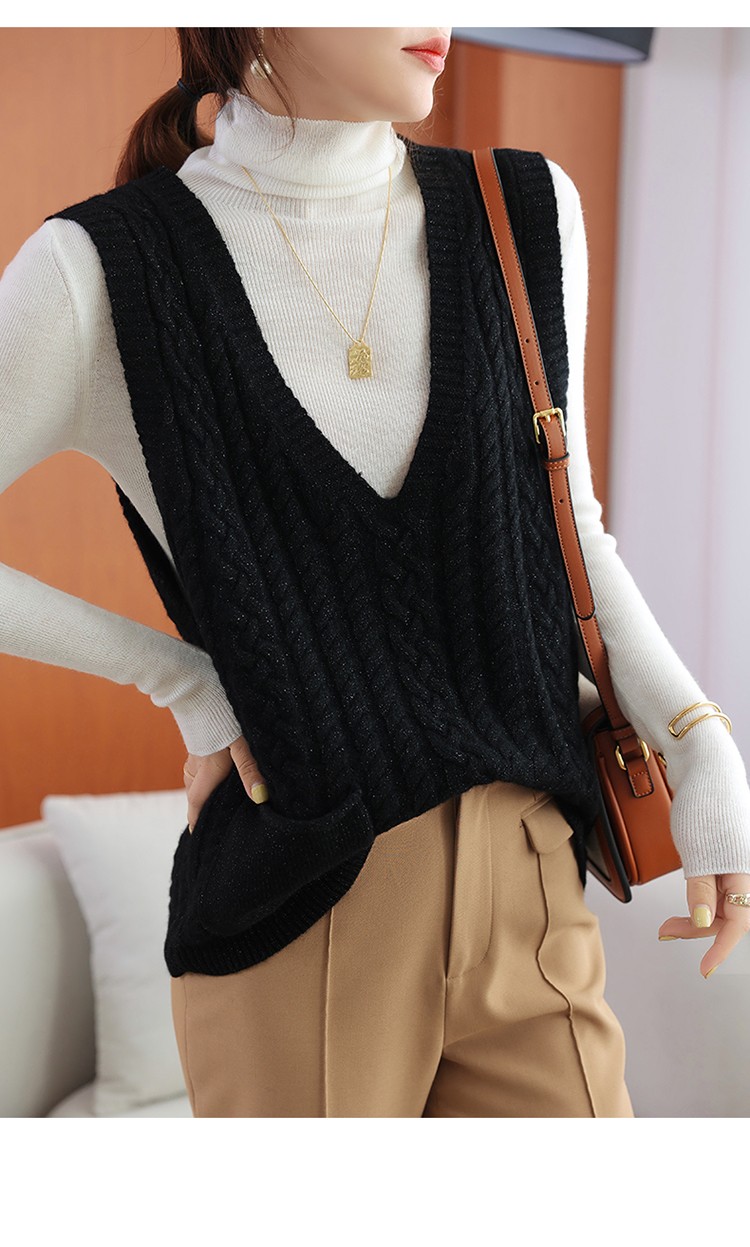 羿沫怡针织马甲女宽松背心春秋新款慵懒风全羊毛无袖毛衣坎肩米色m