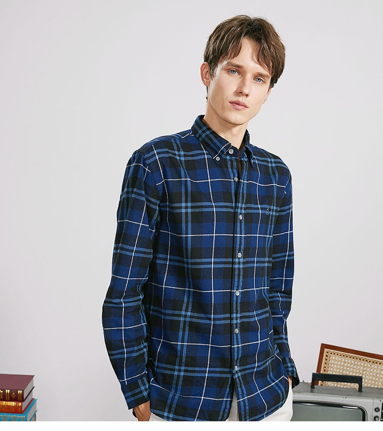 beanpole滨波秋季男士休闲藏青色磨毛格纹长袖衬衫藏青色17088a