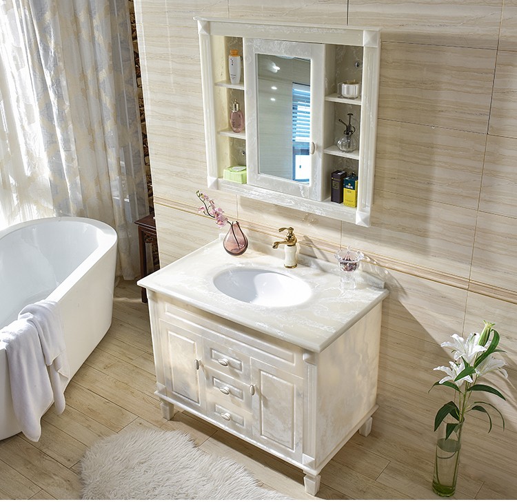 帝诗涵北欧轻奢美式浴室柜组合卫生间全玉石一体台盆柜储物镜柜落地式