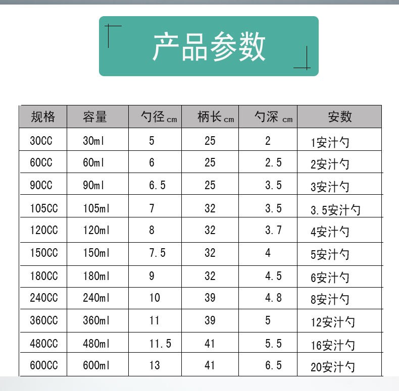 不锈钢安士西餐汤勺汁勺一体带钩量勺长柄带勾果粉勺计量勺日式勺360