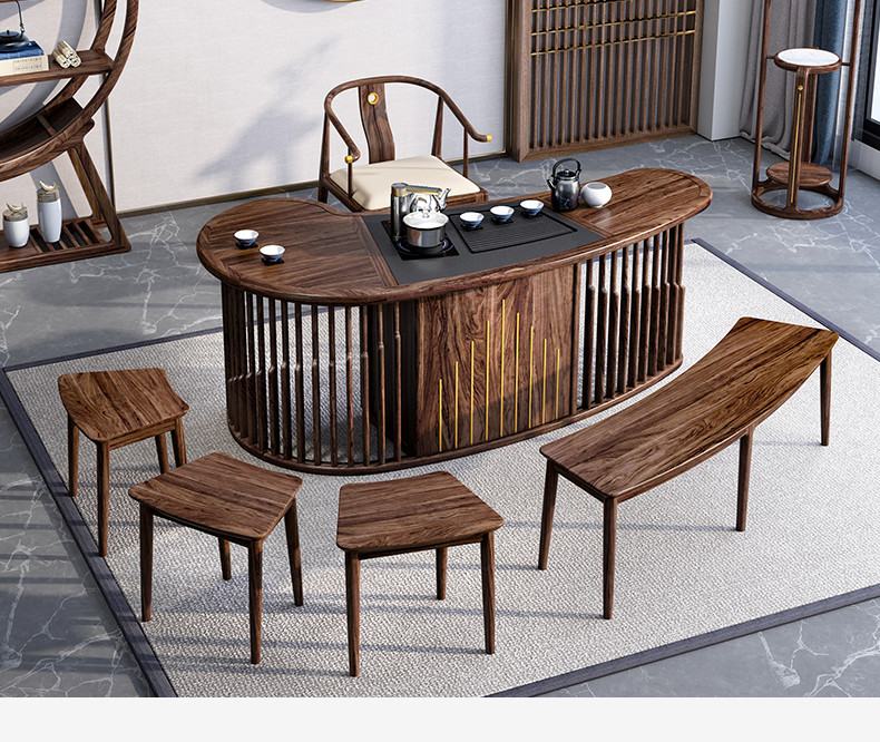 心居名家新中式实木茶台进口乌金木茶室家具胡桃木色功夫泡茶桌 长茶