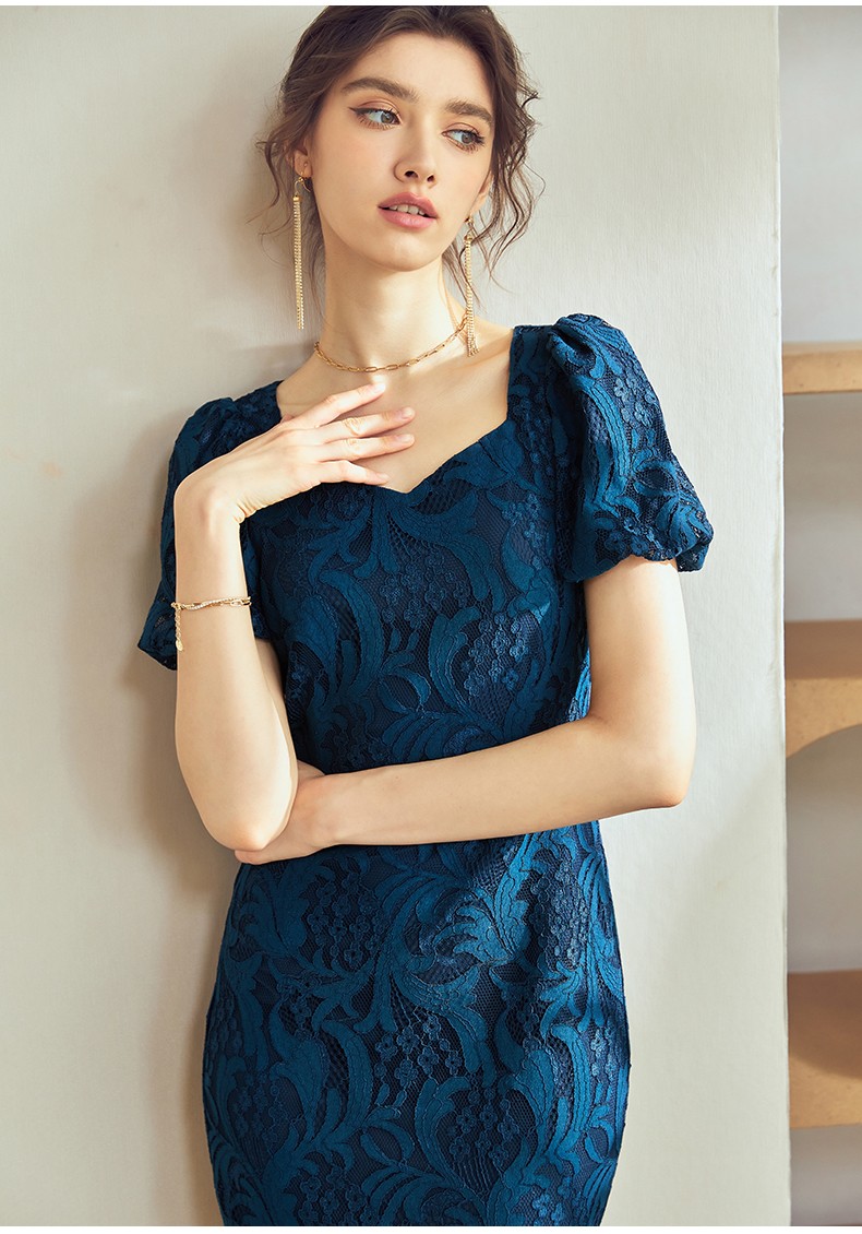 罗衣优雅泡泡袖蕾丝连衣裙女夏装新款孔雀蓝修身包臀裙04398孔雀蓝l