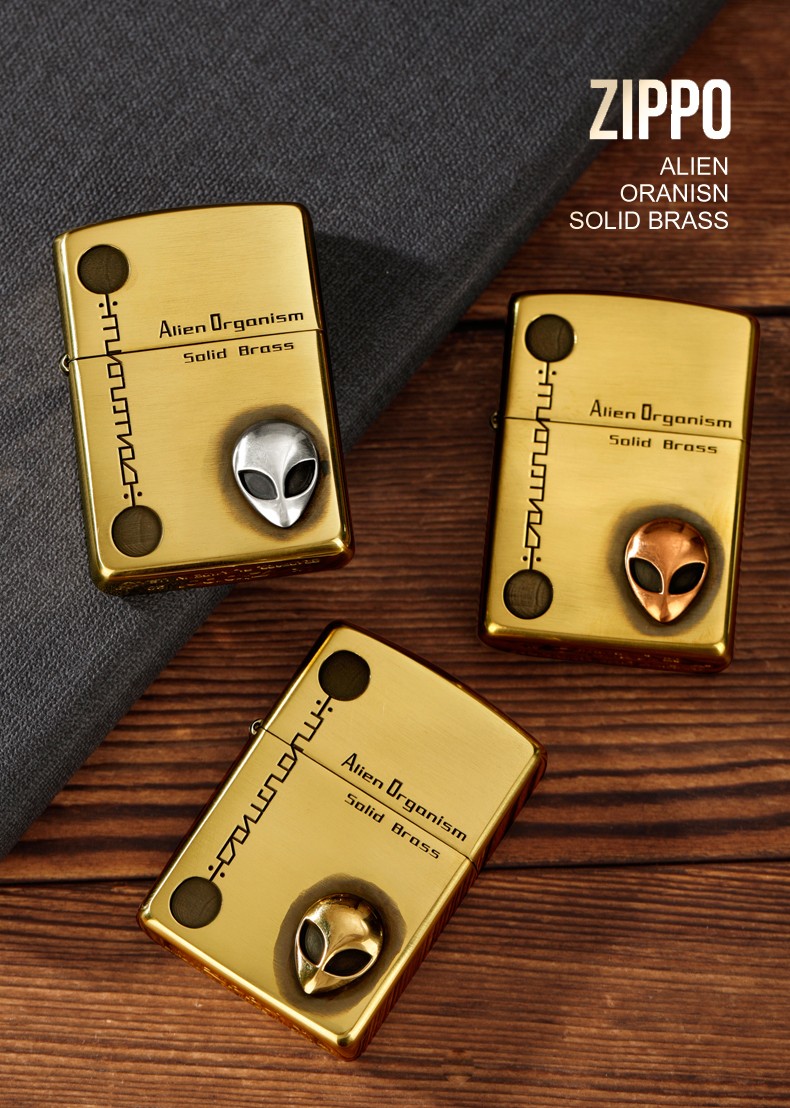 zippo打火机 黄铜贴章外星人打火机 纯银贴章 zppo盔甲之宝煤油防风打