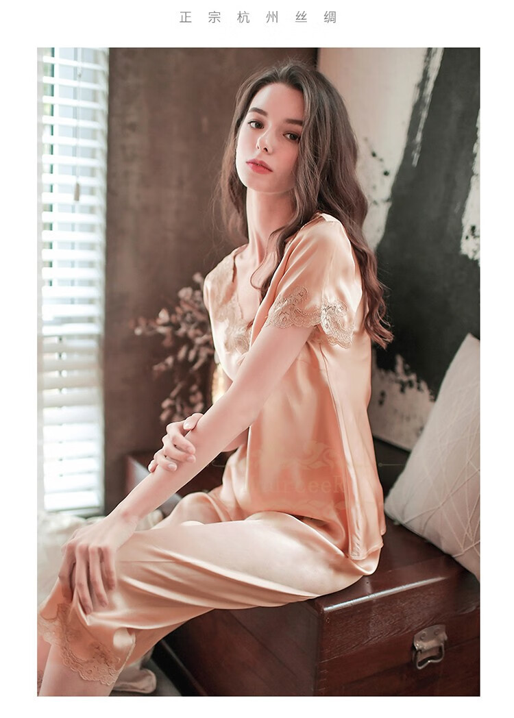 真丝睡衣女夏季桑蚕丝短袖长裤家居服女舒适性感丝绸女式套装可外穿送