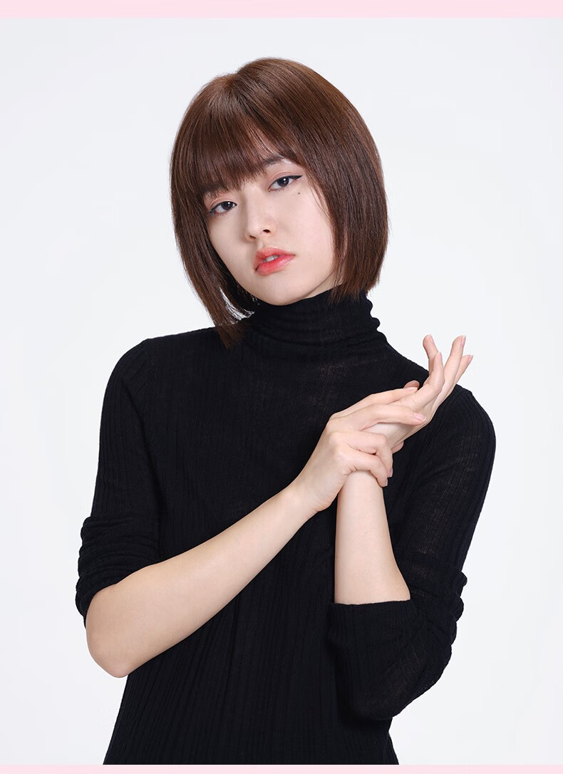 youth)全真人发空气刘海女短直发bobo头时尚减龄头套 棕黑色(全真人发