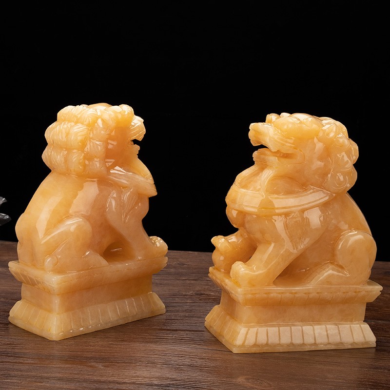 裕尚礼天然玉石摆件黄玉玉狮子工艺品一对玉雕祥瑞雄狮风水办公室桌面
