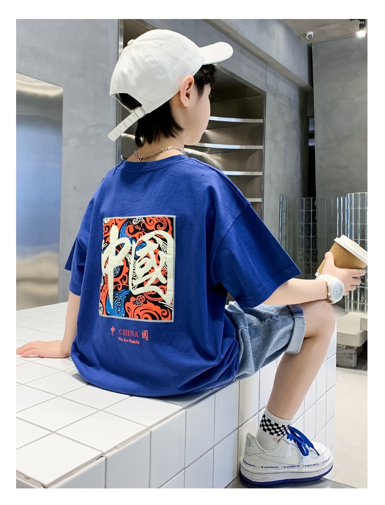 猴兄仔童装男童套装夏夏2022新款男孩国潮短袖t恤牛仔短裤两件套5到15