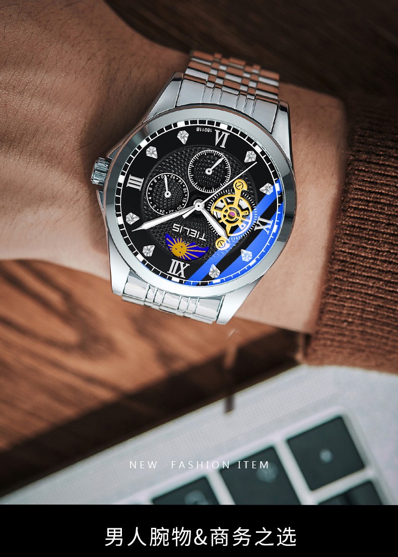 铁利时耀夜tielis18011b镂空机械表月相陀飞轮商务休闲男士防水手表
