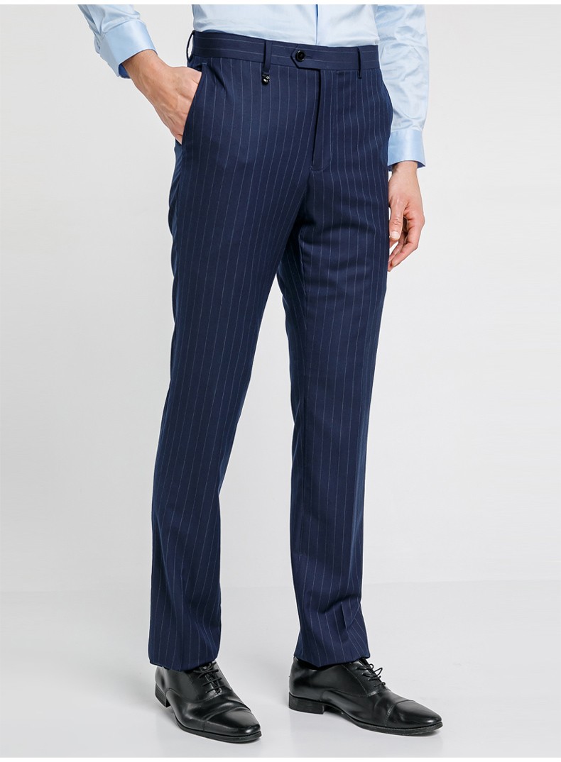 金利来男装含羊毛无褶修身竖条纹西裤男士款秋冬时尚休闲男长裤子藏蓝