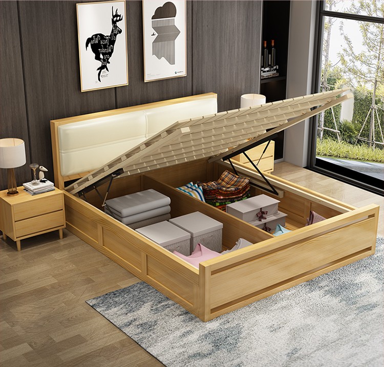 顾虎实木床带气压箱双人床北欧软包靠背亚麻布单人床新西兰松成人婚床