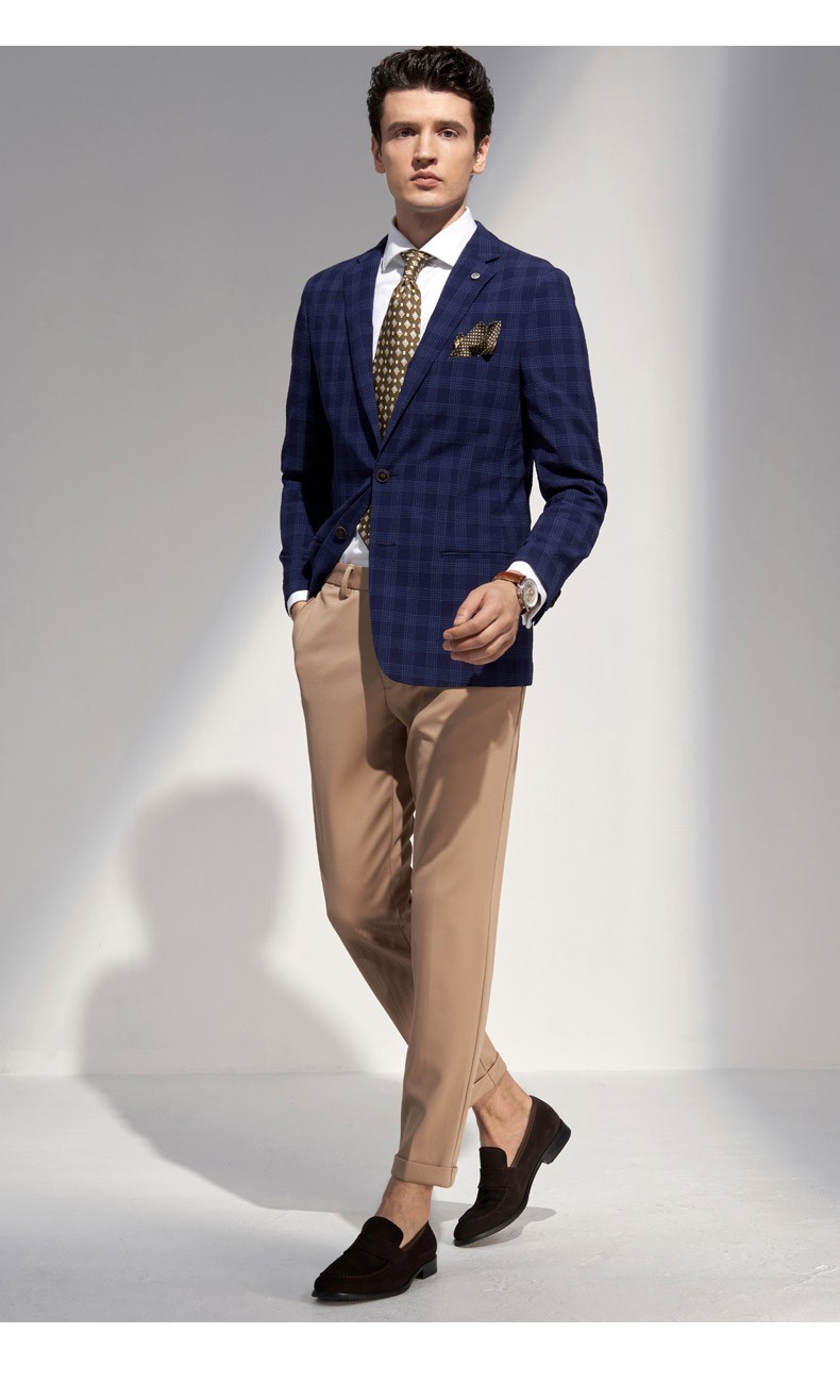 依文商务羊毛蓝色修身男士青年休闲西服ea590091蓝色65y