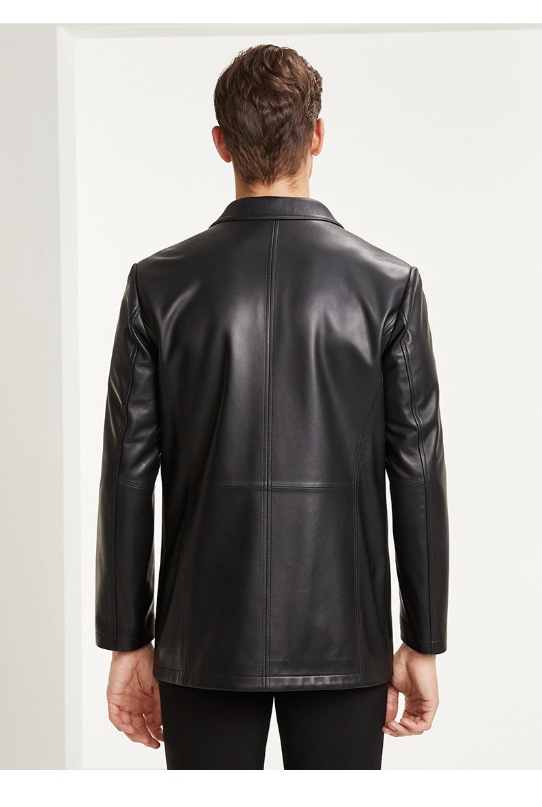 雪豹男士皮夹克中长款翻领真皮皮衣男帅气潮流绵羊皮外套黑色180100a