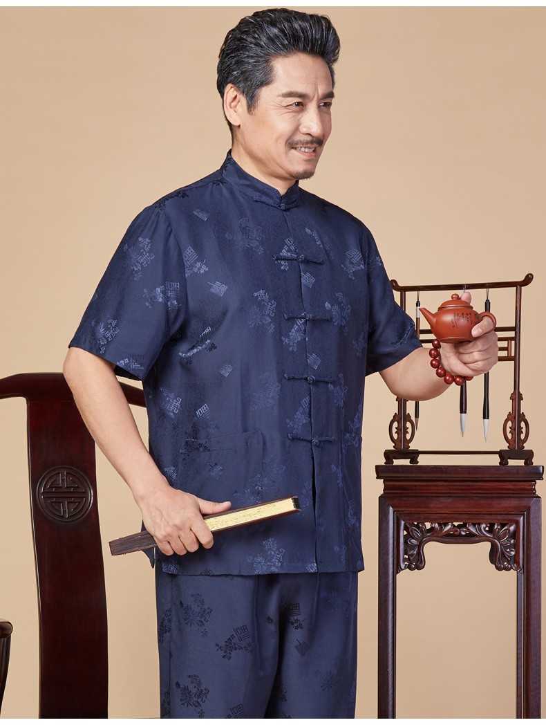 eopn品牌唐装男中国风爸爸装夏季休闲薄款真丝衬衫套装中老年人唐装