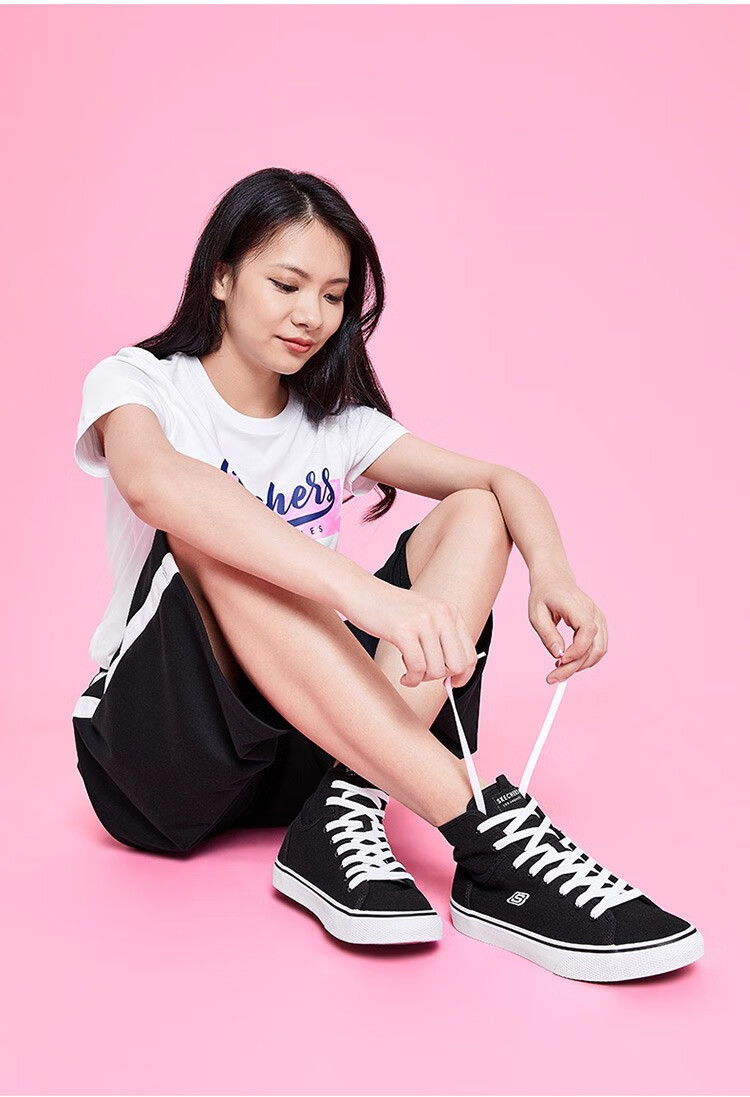skechers斯凯奇新款女鞋帆布板鞋小白鞋高帮时尚休闲鞋户外减震情侣鞋