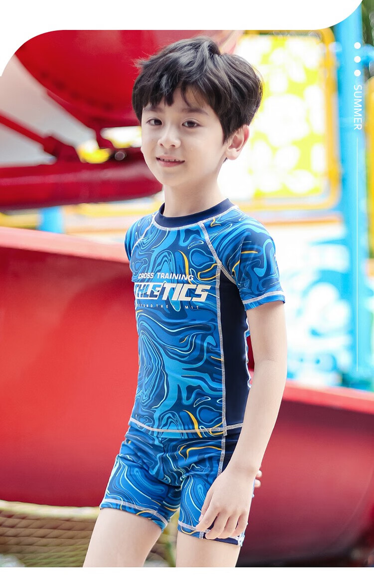 佑游儿童泳衣男夏小中大童分体游泳衣宝宝游泳裤套装速干温泉泳装蓝色