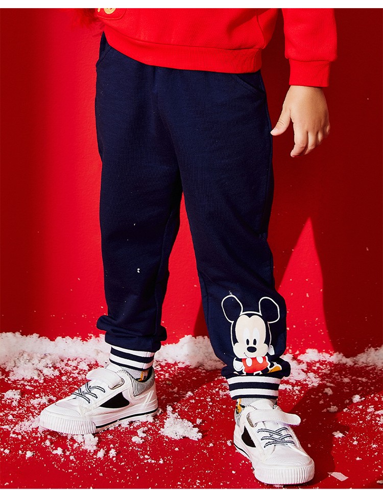 迪士尼童装男童裤子米奇卡通休闲长裤纯棉2021年秋新品藏青3岁身高100