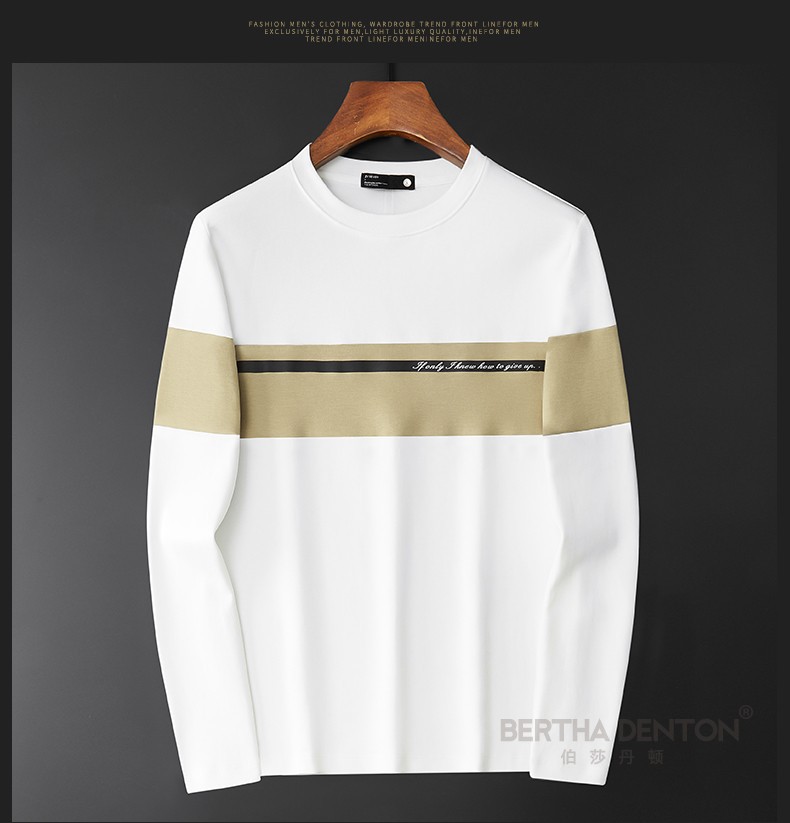伯莎丹顿品牌撞色圆领卫衣男春季修身白色长袖t恤男士休闲商务青年