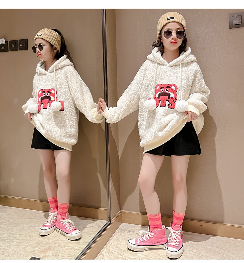 装中大童火龙果色百搭上衣加绒加厚中长款卫衣小女孩学生冬季衣服童装