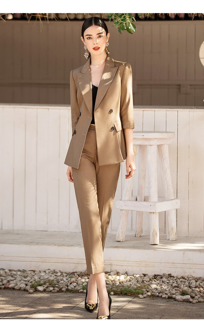ad时尚工作服套装女卡其色双排扣西装两件裙职场干练气质女装 西装
