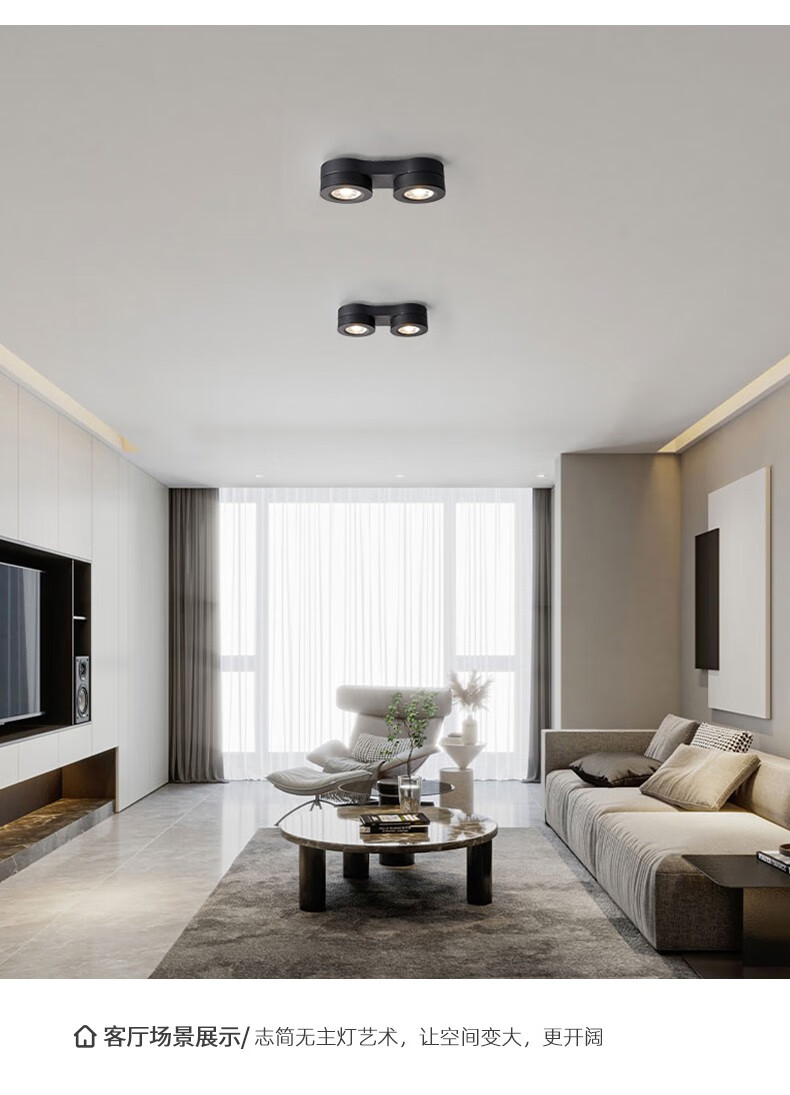 明装双头射灯天花免开孔筒射灯一体旋转可调角度无主灯照明设计客厅