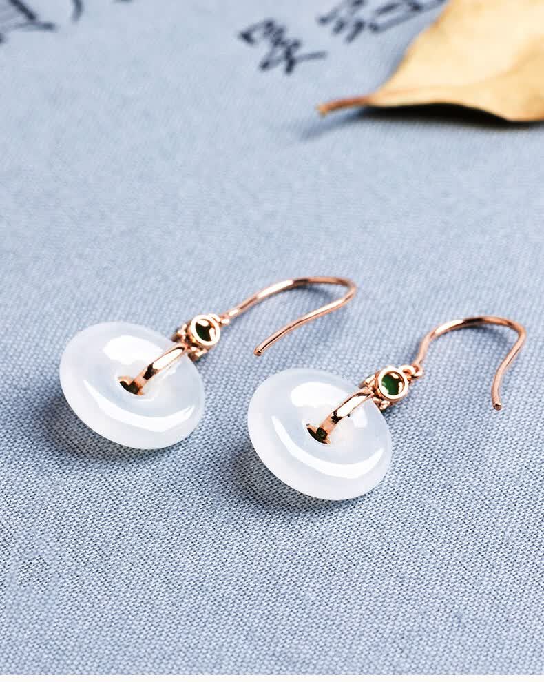 嘉保玉翡翠平安扣耳坠女18k金耳钉翡翠耳钩冰种翡翠平安扣耳钉耳饰