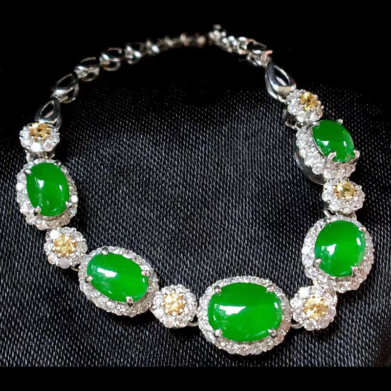 月亮阿姨女士翡翠冰种正阳绿蛋面手链18k镶嵌高端气质女款送女友送
