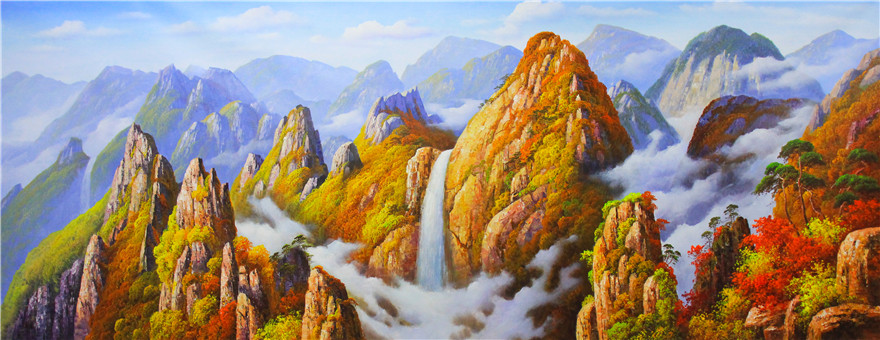 朝鲜一级画家 姜有成《崇山峻岭》风景油画 装饰收藏 7080