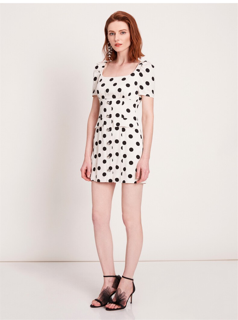 bebe夏季女士修身波点印花连衣裙短袖时尚复古裙子250015黑白xs