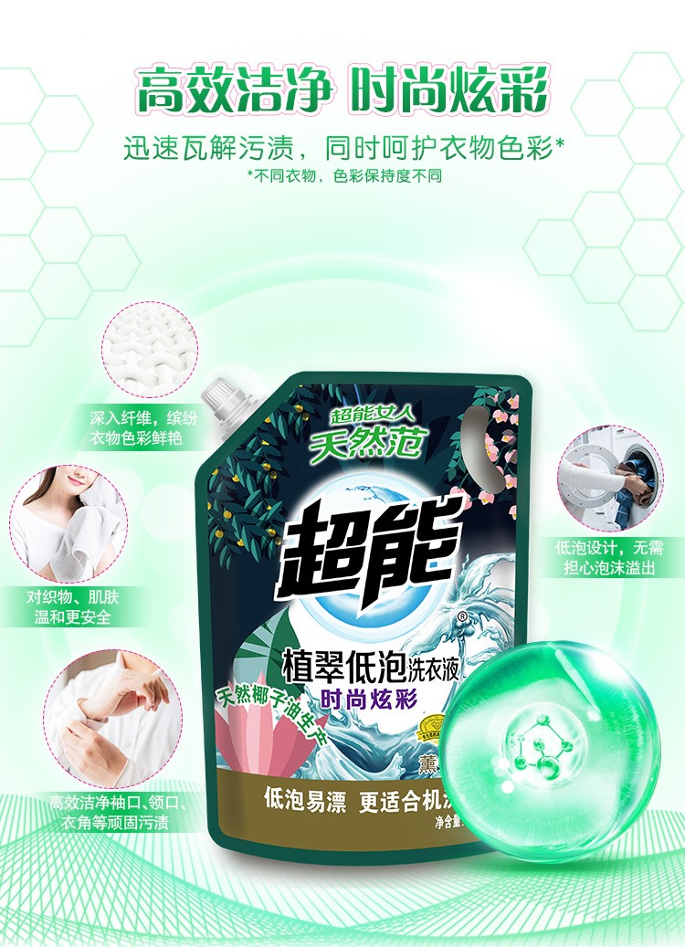 105924-【优选推荐】超能植萃低泡洗衣液750g+1kg瓶补装 赠洗衣液100g*2袋洗-详情图