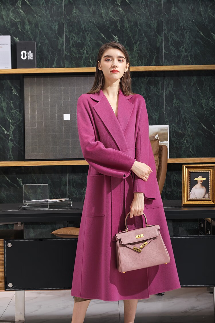 瑟俐品牌高端紫红色双面羊绒大衣女中长款labbro羊毛呢外套2022年新款