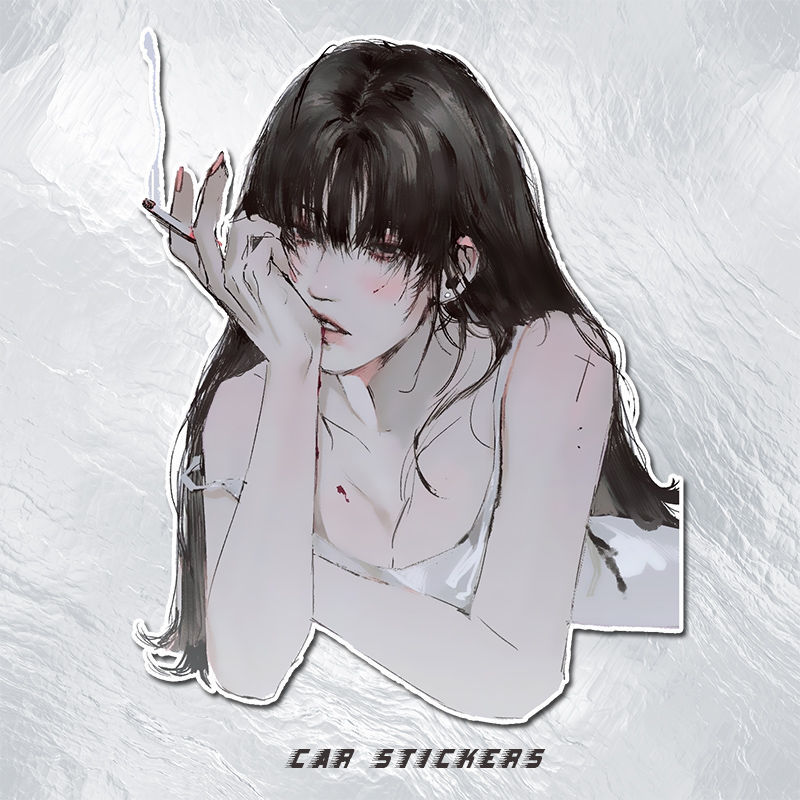 电摩车贴二次元抽烟黑发女孩汽车贴纸后窗油箱盖电动车踏板车贴画抽烟