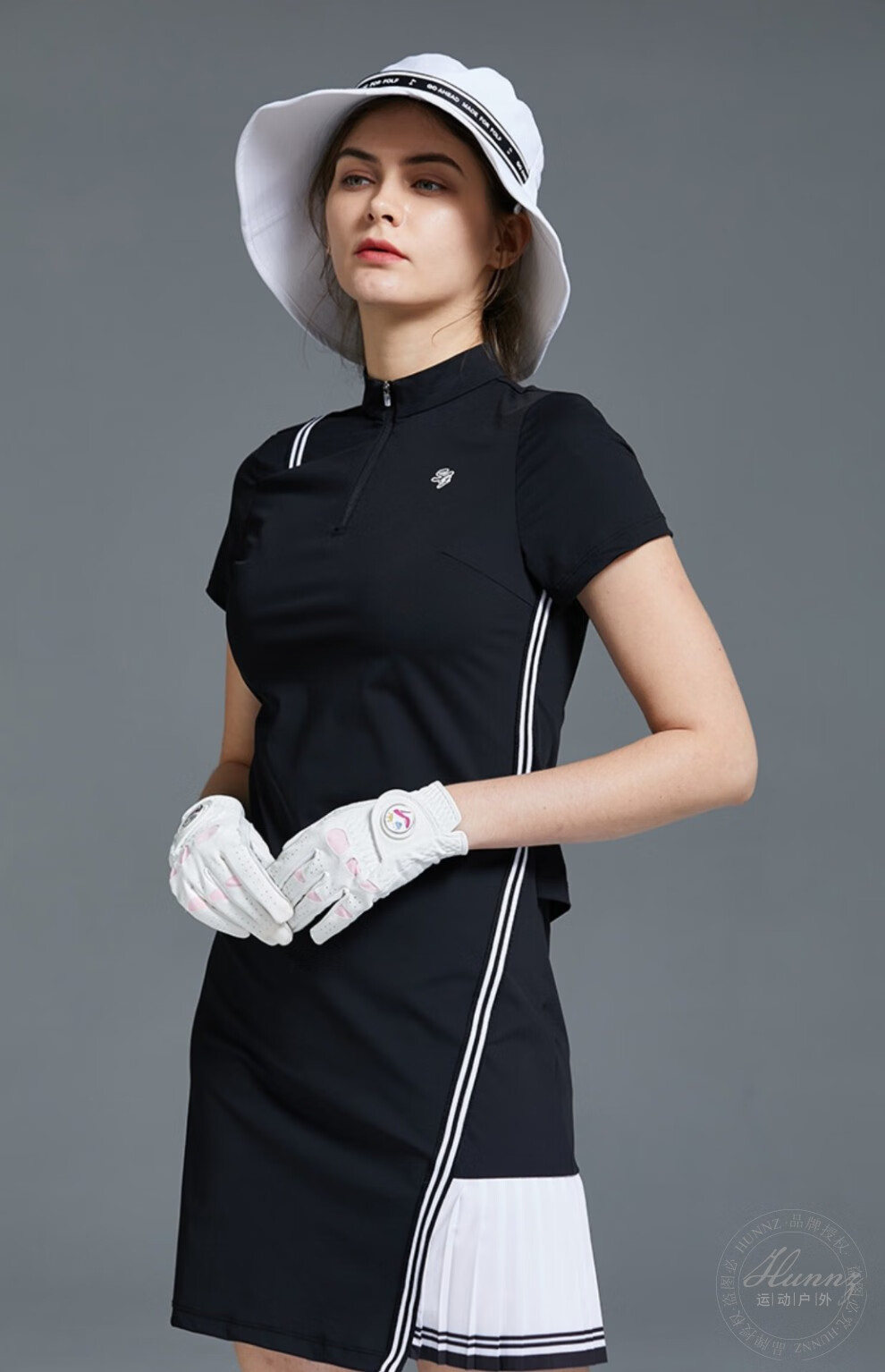 hunnz品牌高尔夫服装女韩版修身显瘦运动裙子2022夏季新款立领高尔夫
